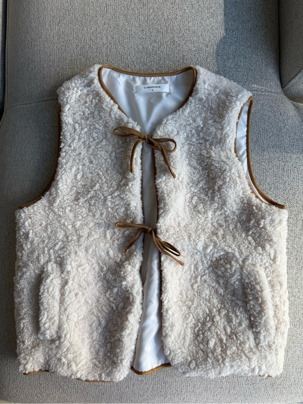Commense Cream Sherpa Vest with Brown Trim Tie Front